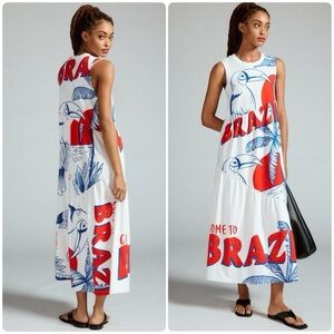 Anthropologie Farm Rio White Dress with Red and Blue Print